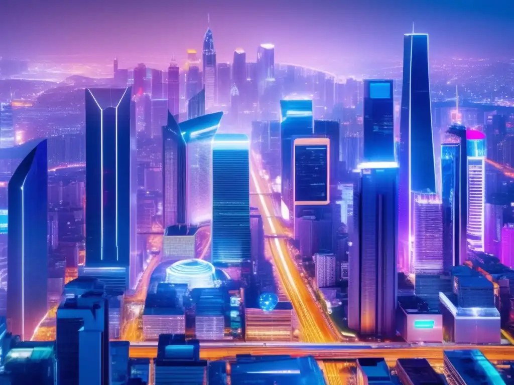 Ciudad nocturna con luces neón y tecnología avanzada Skyline nocturno de ciudad emergente con transformación digital en mercados emergentes