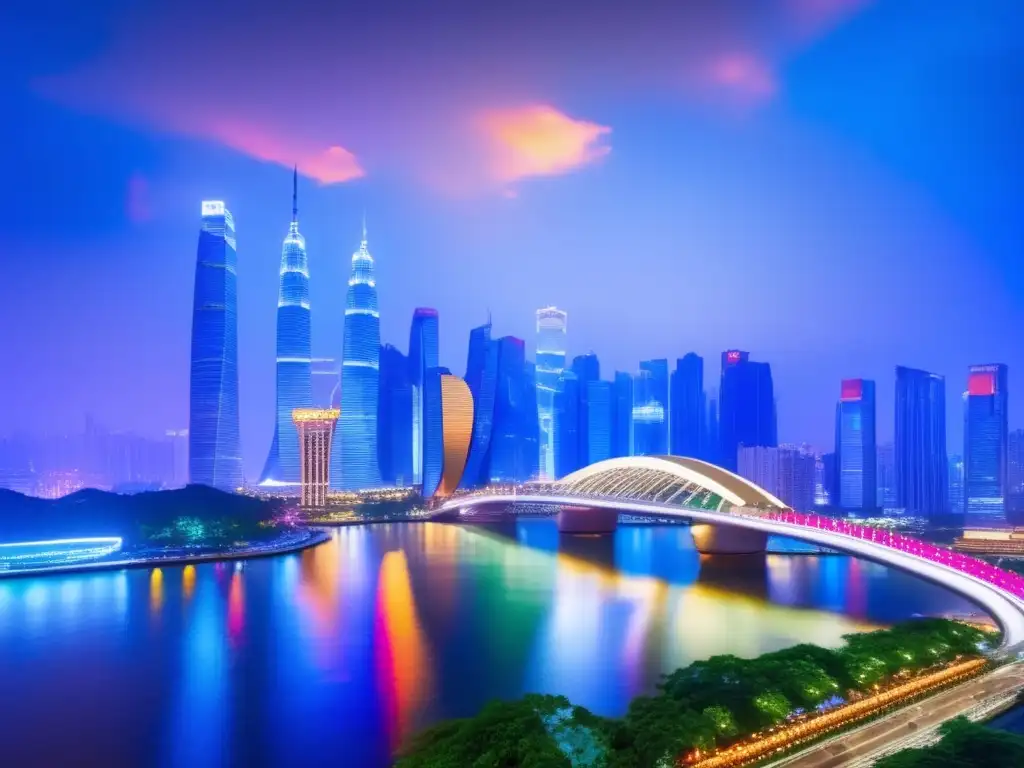 Ciudad vibrante con rascacielos iluminados Skyline nocturno con rascacielos, puente moderno, inversiones estratégicas en Asia y belleza natural