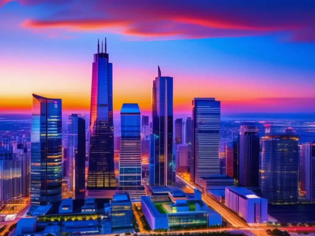 Ciudad moderna con rascacielos iluminados Skyline urbano al atardecer: inversión en bienes raíces