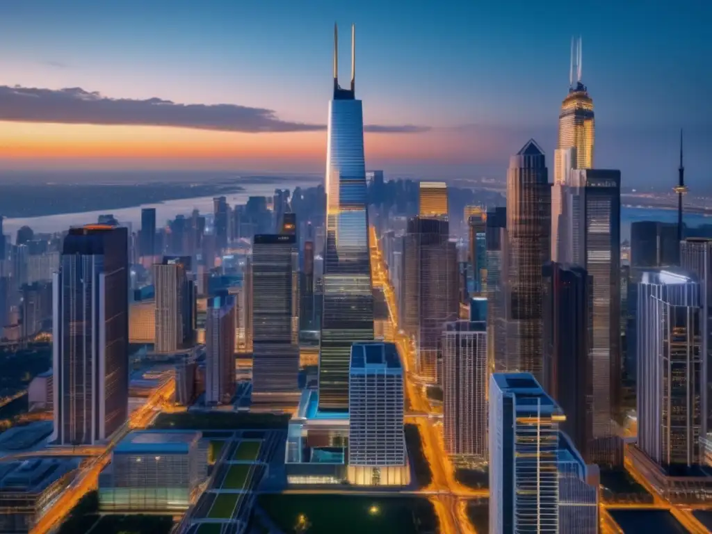Impresionante ciudad moderna al atardecer Skyline urbano al atardecer, rascacielos destacados y propiedades inmobiliarias con detalles arquitectónicos