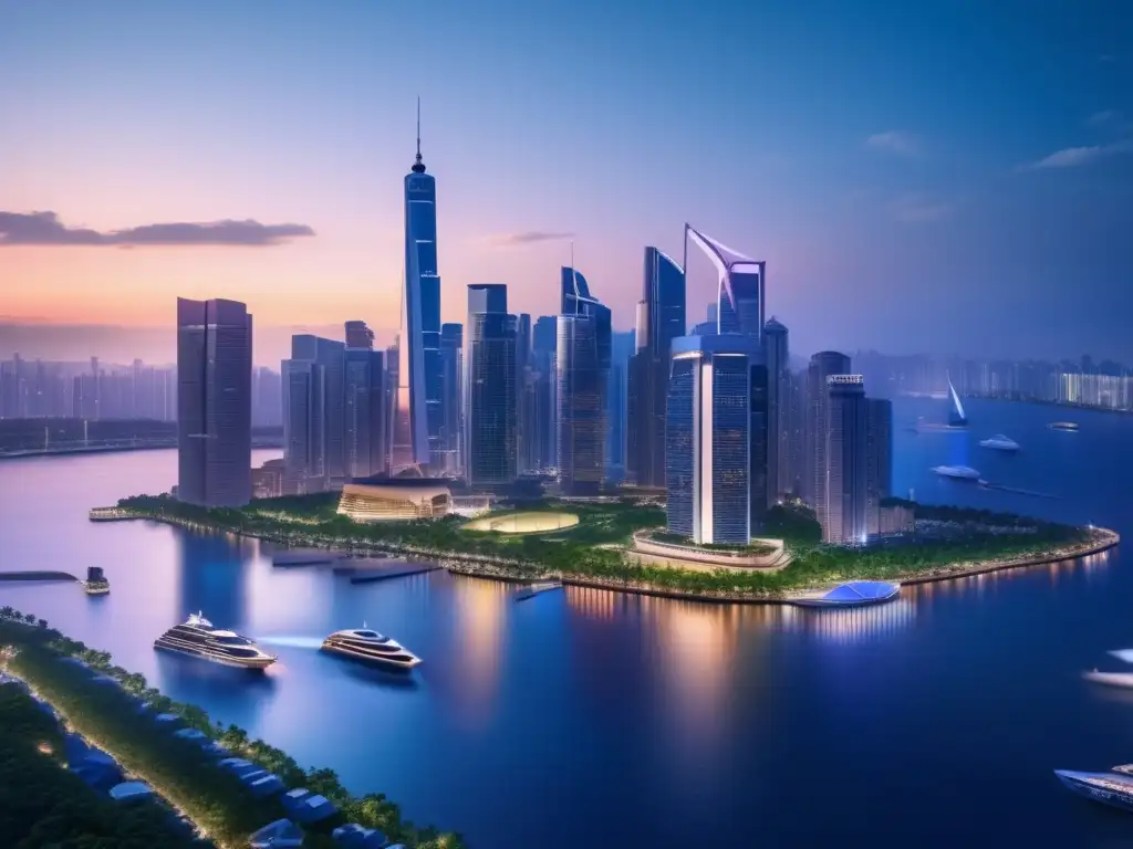 Ciudad vibrante al atardecer: real estate y geopolítica Skyline urbano al atardecer con rascacielos iluminados, complejo residencial lujoso y agua tranquila