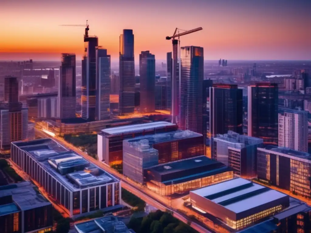 Skyline urbano moderno al atardecer Skyline urbano al atardecer con rascacielos, calles animadas y construcción, reflejando el mercado inmobiliario comercial en crecimiento