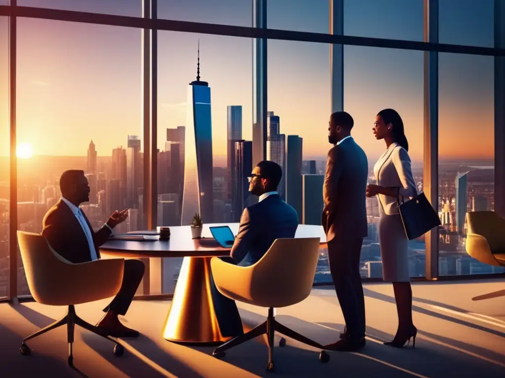 Ciudad moderna al atardecer con profesionales éticos Skyline urbano al atardecer con rascacielos relucientes y mezcla de estilos arquitectónicos