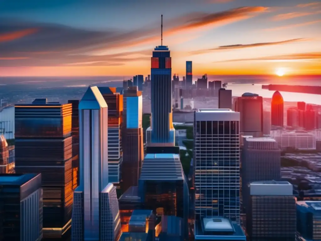 Skyline urbana al atardecer Skyline urbano al atardecer con rascacielos y beneficios de invertir en REITs
