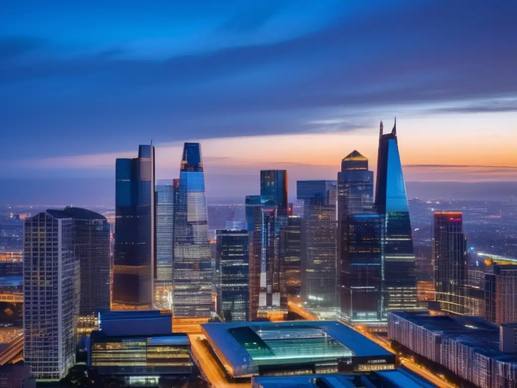 Ciudad diversa al atardecer: inversión, crecimiento y potencial Skyline urbano diverso al atardecer, edificios modernos iluminados en el cielo oscurecido