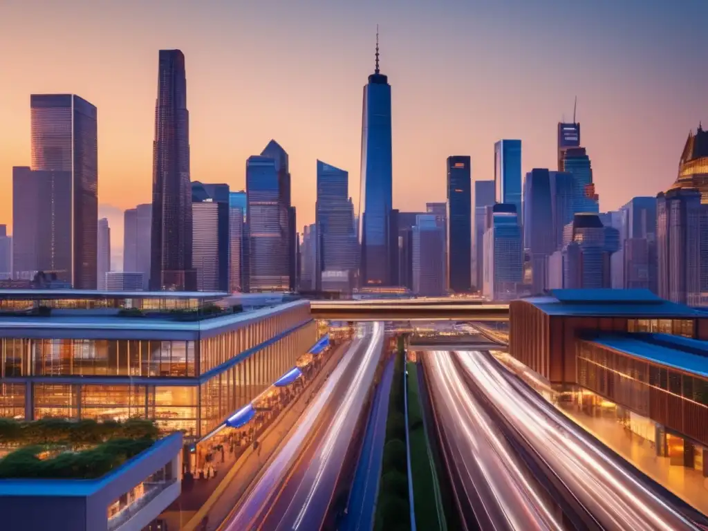 Ciudad moderna al anochecer: oportunidad y crecimiento Skyline urbano al anochecer con edificios altos, reflejando la diversidad y vitalidad del mercado
