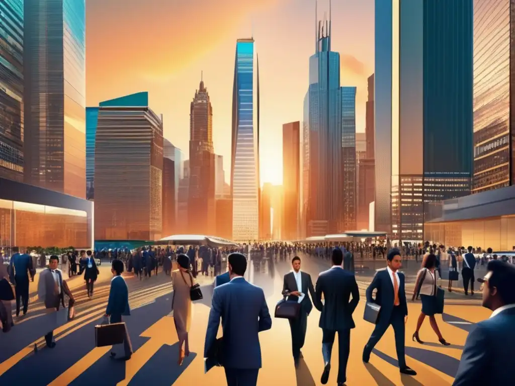 Distrito financiero lleno de energía Skyline urbano de América Latina con rascacielos de vidrio reflejando la luz dorada del atardecer