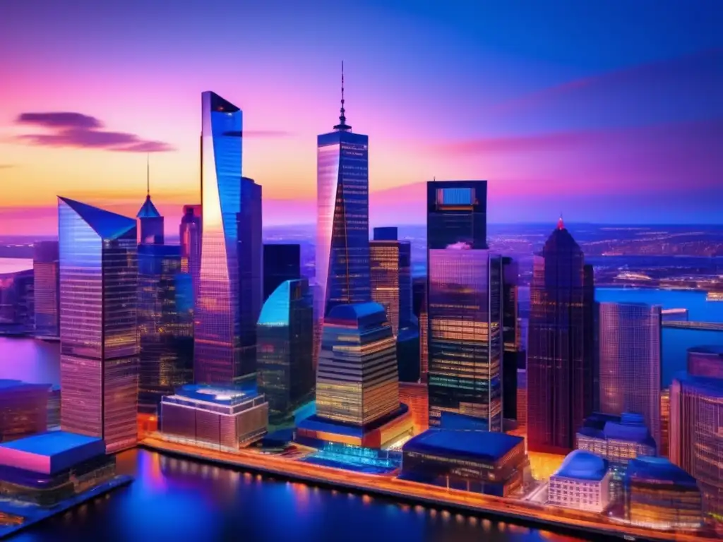 Skyline financiero moderno al atardecer Skyscrapers financieros con luces vibrantes