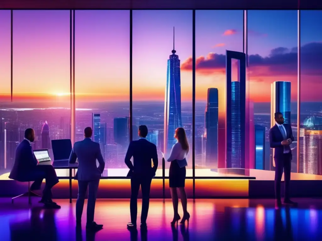 Ciudad futurista con inversores analizando inversiones sostenibles Skyscrapers iluminados en una ciudad moderna al atardecer, con personas de negocios analizando inversiones y riesgo climático