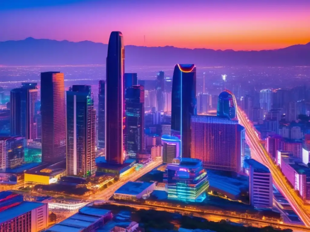 Ciudad moderna iluminada por luces de neón Skyscrapers iluminados por luces de neón en una ciudad moderna al atardecer, simbolizando leyes fiscales y la inversión en México
