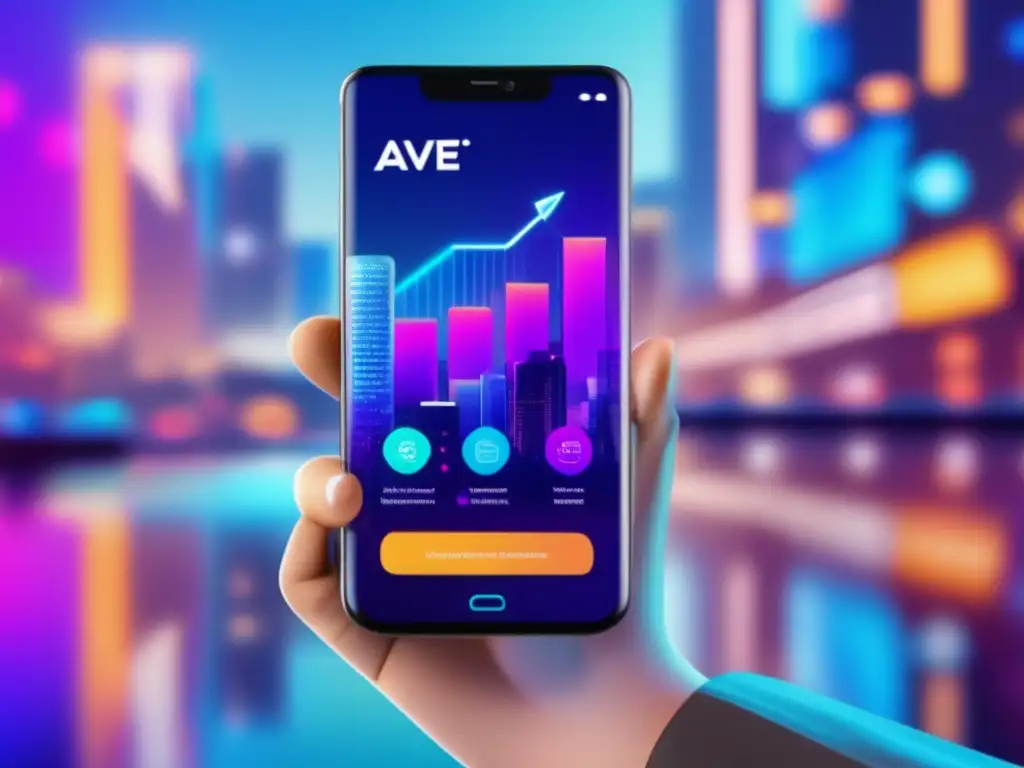 Smartphone moderno con interfaz Aave intuitiva Smartphone Aave: Oportunidades DeFi Aave en interfaz intuitiva, colores vibrantes y diseño futurista de ciudad