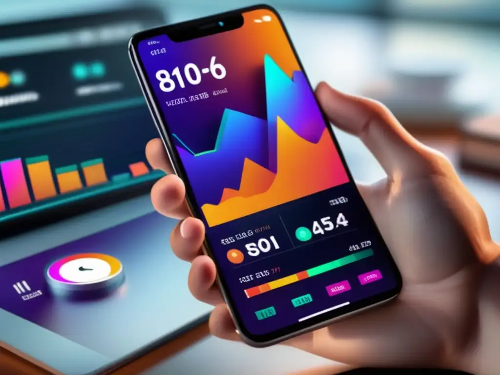 App de seguimiento de cartera de inversión en un smartphone moderno Smartphone muestra app de seguimiento de inversiones con gráficos y estadísticas de acciones - Apps de sincronización con Broker