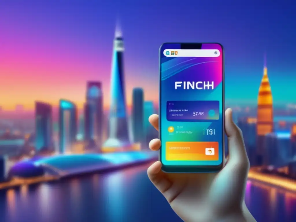 Smartphone futurista con pantalla holográfica y opciones de pago fintech Smartphone futurista con pantalla holográfica, mostrando app de pagos móviles fintech