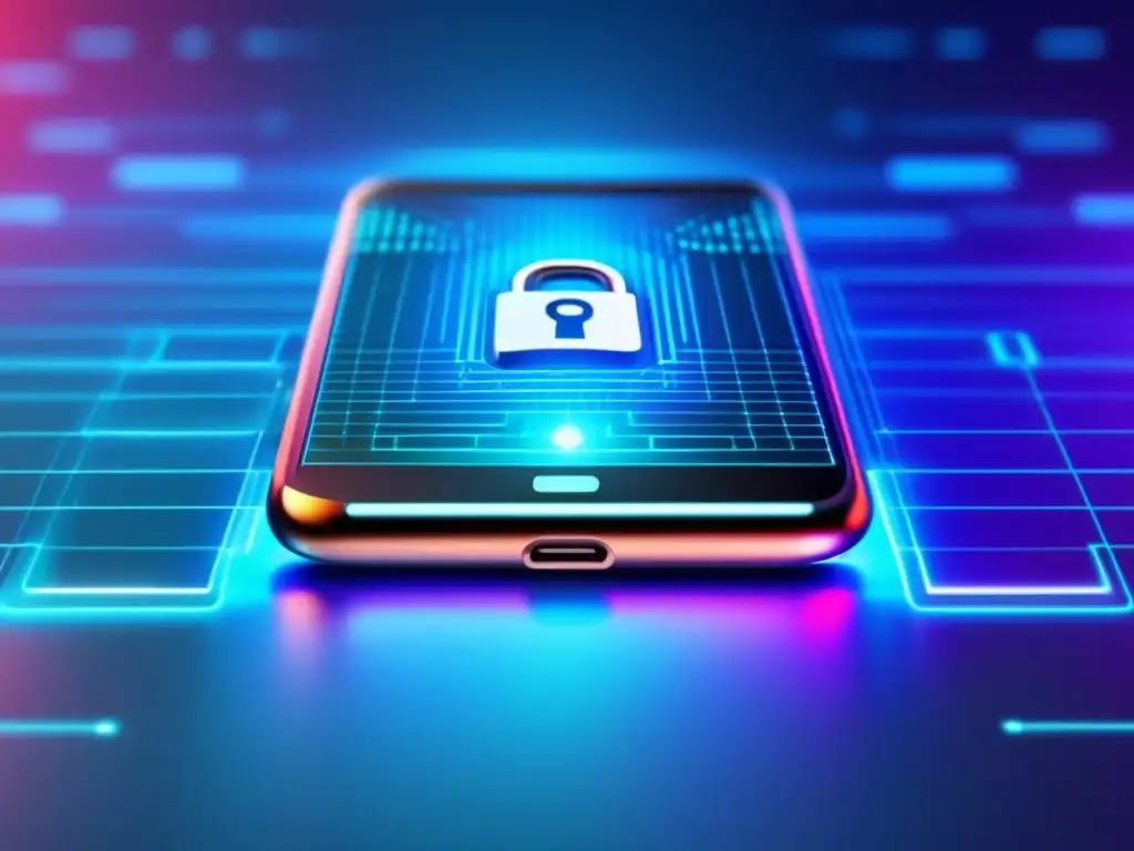 Smartphone con interfaz de seguridad futurista Smartphone con interfaz futurista de seguridad, simbolizando protección de contraseñas y bloqueo de pantalla
