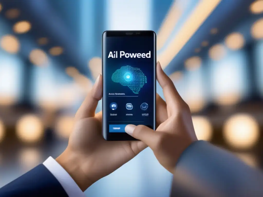 Smartphone AI inversión futurista Un smartphone moderno y elegante con IA mejora la experiencia del usuario en plataformas de inversión