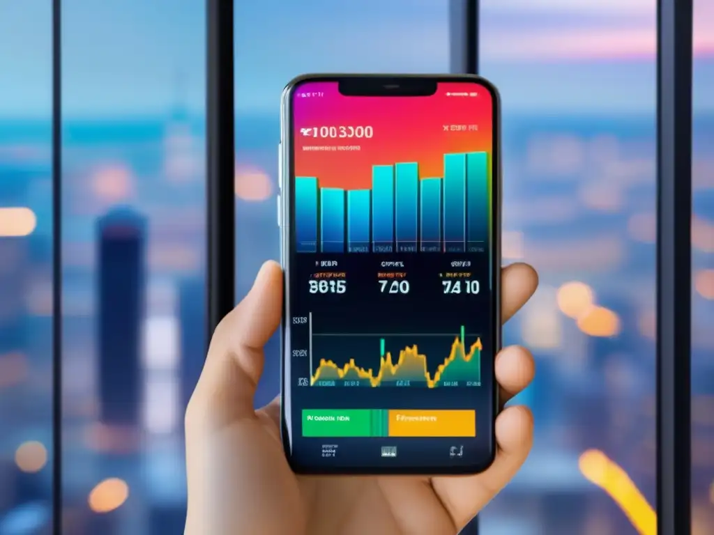 Smartphone con interfaz de mercado de valores vibrante Un smartphone moderno con interfaz de mercado de valores y sincronización con Broker