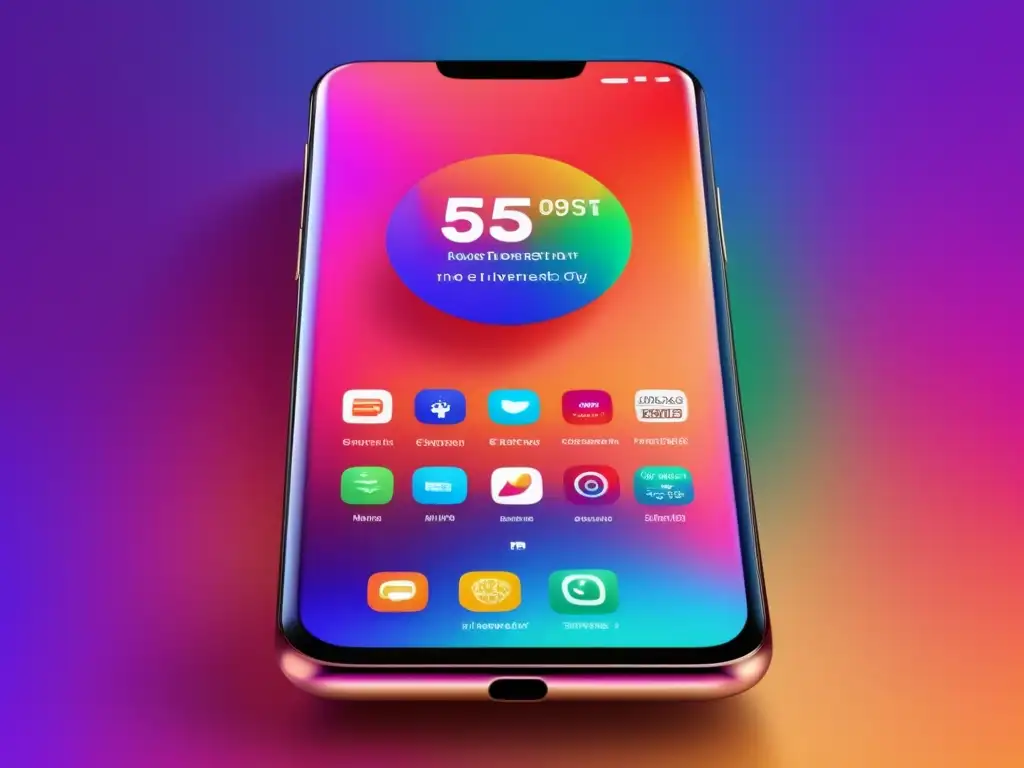 Smartphone moderno con pantalla vibrante y apps de inversión Smartphone moderno con pantalla de borde a borde y 5 app icons de las mejores apps de inversión con diseño intuitivo y elegante
