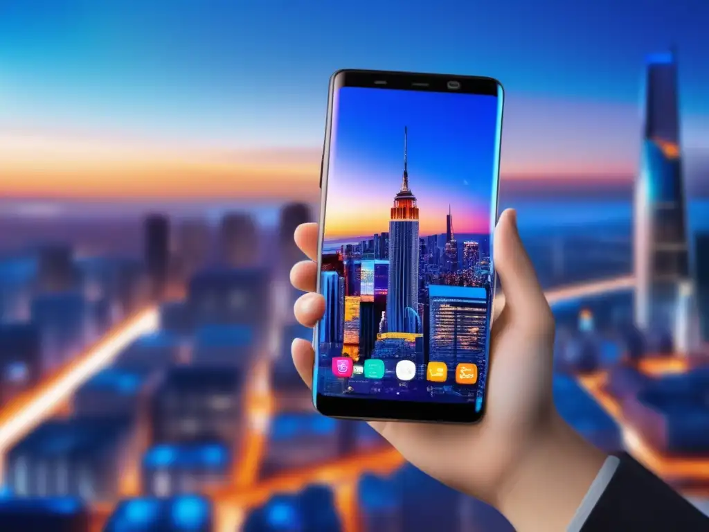 Smartphone moderno y seguro, con pantalla edge-to-edge Smartphone moderno con pantalla de borde a borde, protección de datos financieros y diseño elegante