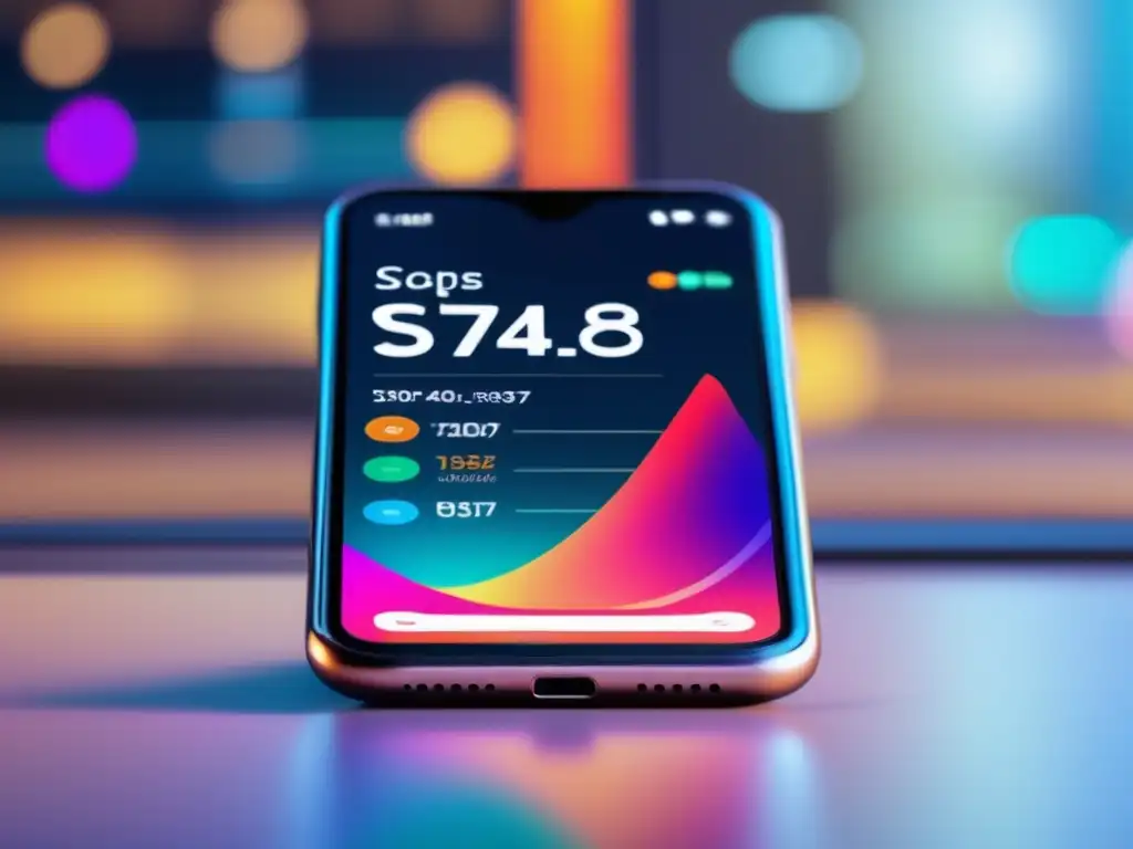 Smartphone con interfaz intuitiva y variados activos financieros Smartphone moderno con pantalla vibrante y plataforma intuitiva de inversión sin comisiones rentables
