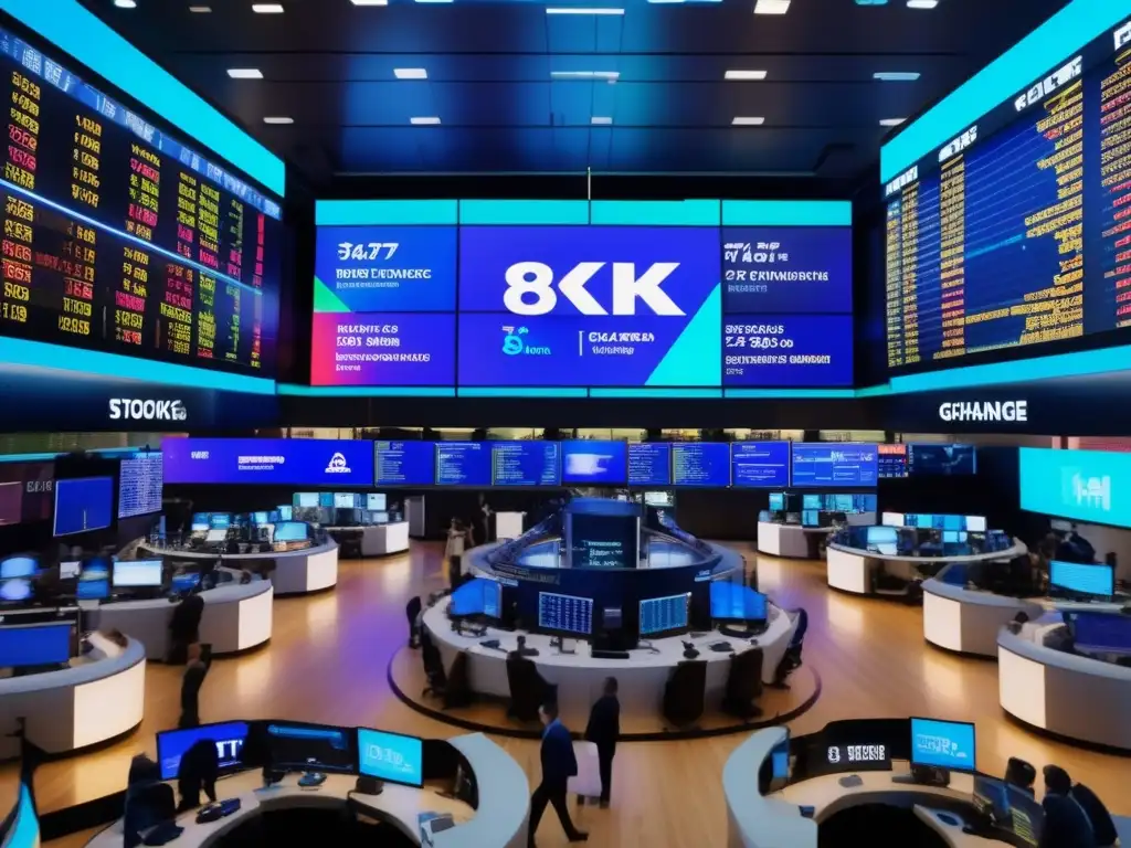 Piso de bolsa vibrante y moderno Sobreconfianza en la bolsa: escena caótica de traders en la bolsa de valores, con inversor calmado y sonriente