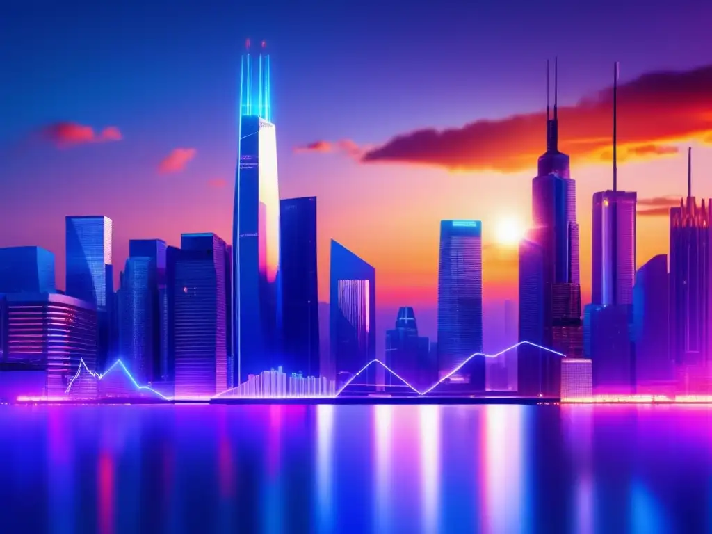 Ciudad futurista con gráficos iluminados Software gestión riesgos inversión en una futurista ciudad nocturna con rascacielos iluminados y gráficos ilustrativos