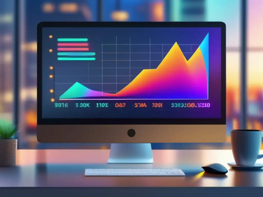 Computadora moderna muestra gráfico bursátil en 8k Software de inversión pasiva optimizada con gráfico de crecimiento bursátil y moderna pantalla de computadora