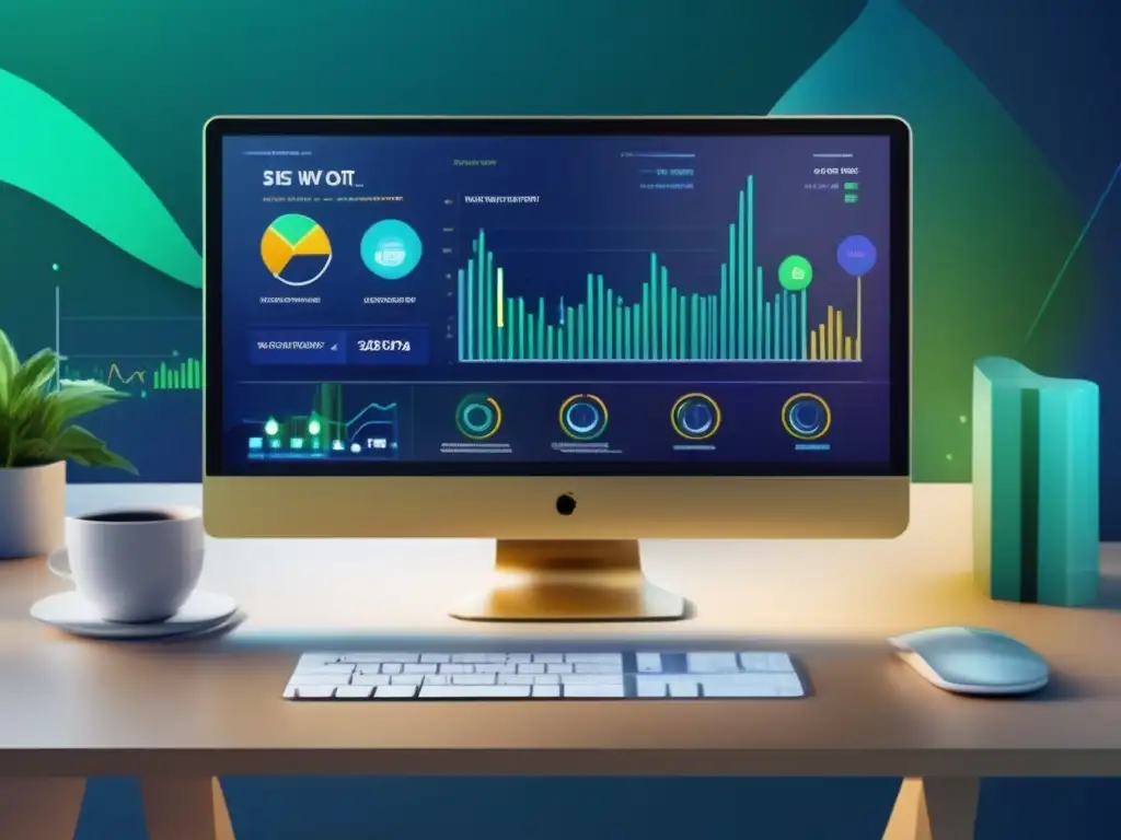 Pantalla de ordenador moderna con gráficos de inversión avanzados Software inversión pasiva optimizada: pantalla moderna con gráficos e interfaz futurista, colores llamativos y datos precisos