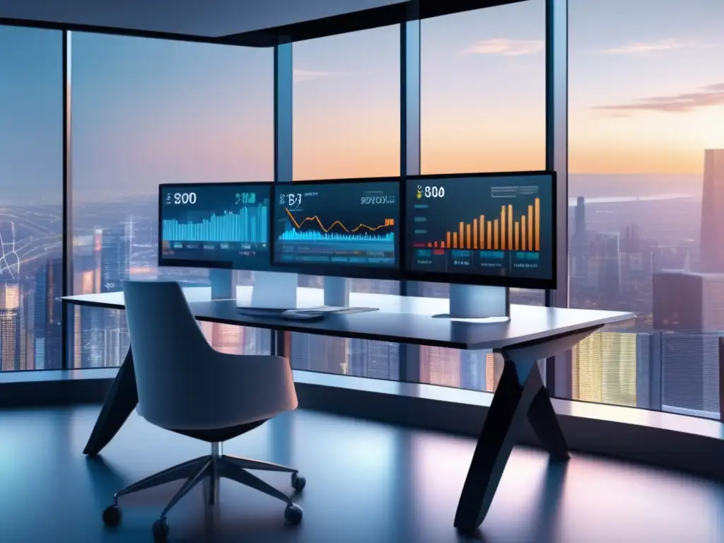 Futuro espacio de trabajo financiero Software portafolio inversiones escalable en oficina futurista con pantallas transparentes mostrando datos financieros y conectividad holográfica