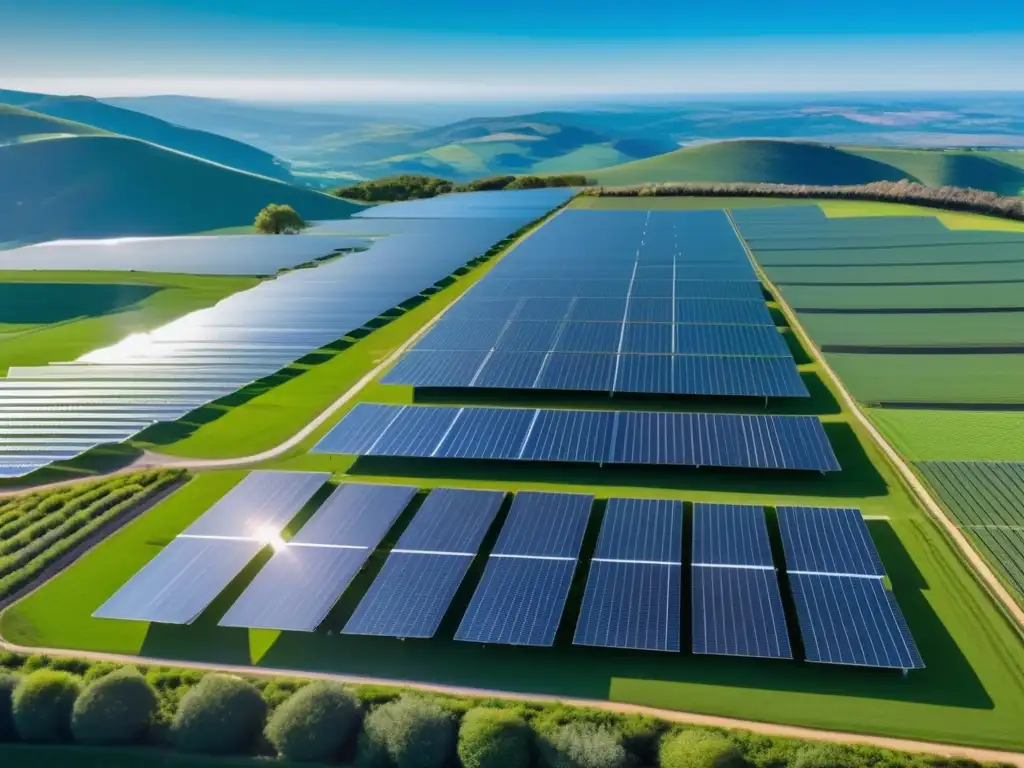 Granja solar: Energía limpia en armonía con la naturaleza Solar farm en colinas verdes bajo cielo azul, panel solar alineados y brillantes, naturaleza y energías renovables