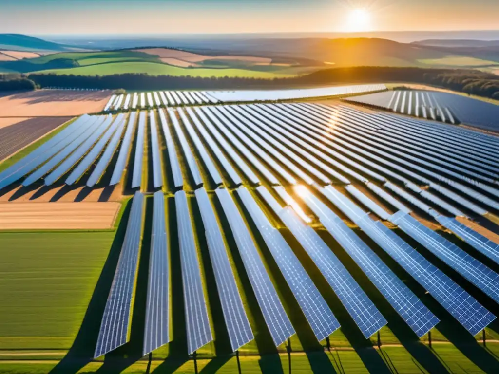 Granja solar moderna y simétrica bajo el sol Solar farm con paneles solares alineados, trabajadores y cielo azul con nubes