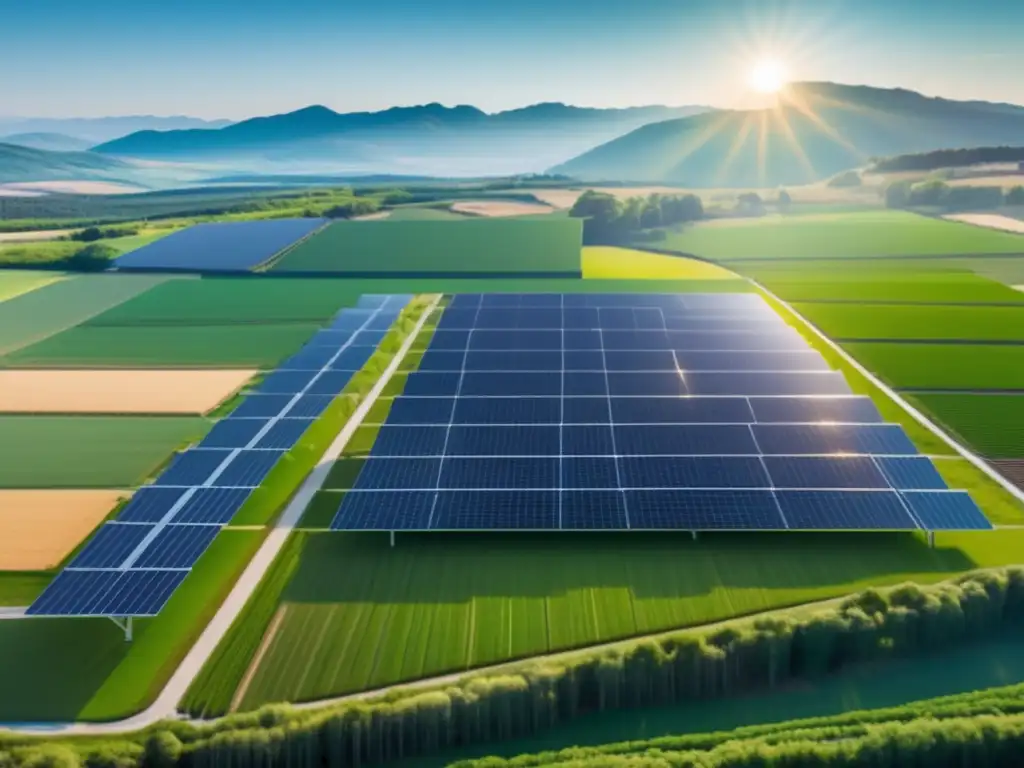 Granja solar: Energía limpia y rentable Solar farm con paneles solares glistening, energía renovable y beneficios económicos y ambientales - Inversiones renovables rentables