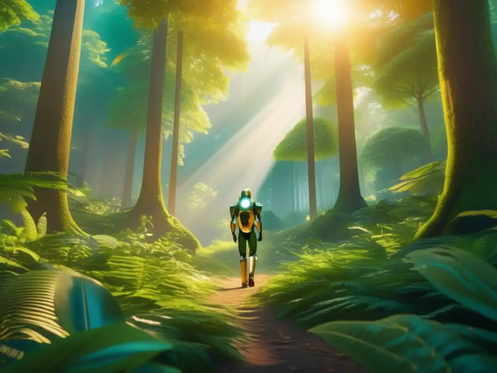 Bosque verde con Roboadvisor moderno Inversión sostenible con Roboadvisors en un bosque verde lleno de luz y tecnología moderna