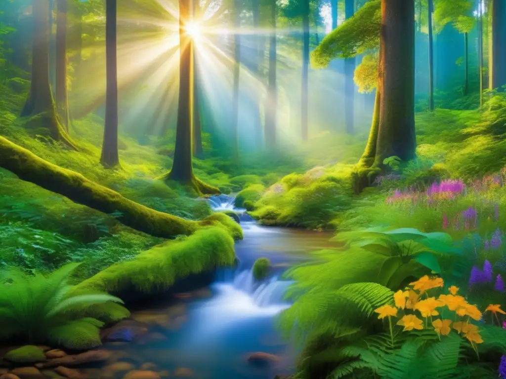 Bosque exuberante con árboles majestuosos y diversidad de flores Inversión sostenible con Roboadvisors en un bosque vibrante y detallado, con árboles majestuosos y una exuberante vegetación