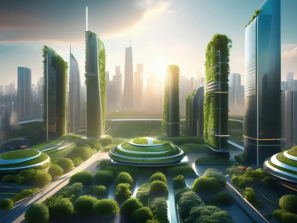 Futuro urbano sostenible con vegetación integrada Inversión sostenible con Roboadvisors en una ciudad futurista con arquitectura verde y energía limpia
