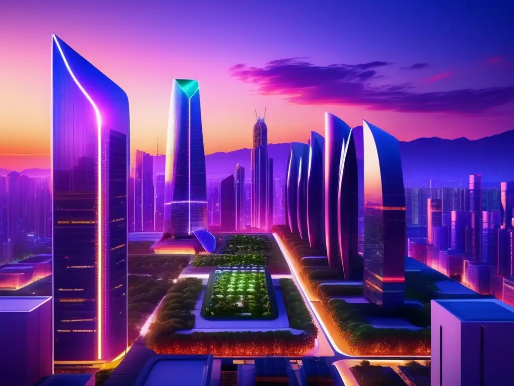 Futurista ciudad sostenible al atardecer Inversión sostenible con Roboadvisors en una ciudad futurista con rascacielos modernos, jardines verticales y transporte público eficiente