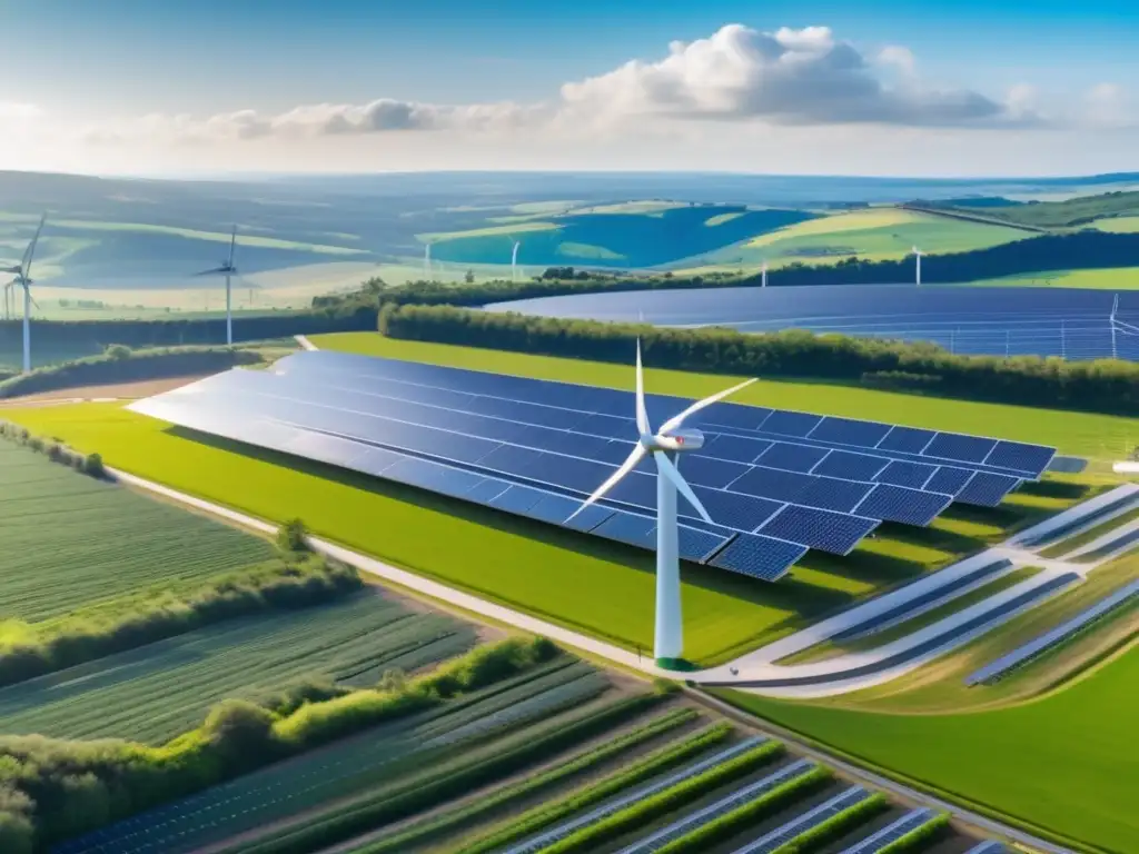 Energía sostenible y verde Inversión sostenible en energía y materias primas - Vista panorámica de una moderna instalación de energía sostenible rodeada de un exuberante paisaje verde