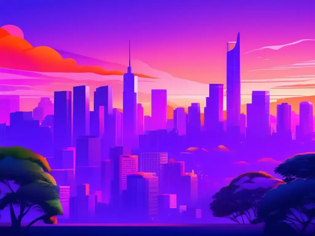 Hermosa ciudad sostenible al atardecer Inversión sostenible en mercados emergentes: ciudad vibrante al atardecer, con rascacielos y arquitectura moderna junto a zonas verdes
