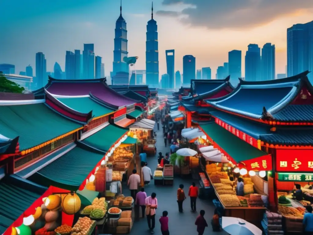 Mercado vibrante en ciudad asiática Inversión sostenible en mercados emergentes: escena vibrante de mercado en una ciudad asiática, con rascacielos y personas diversas
