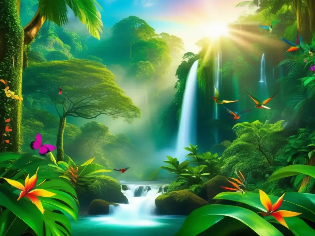 Exuberante selva tropical: belleza y biodiversidad Inversión sostenible en mercados emergentes: exuberante selva tropical, árboles verdes, cascada, río cristalino, aves coloridas