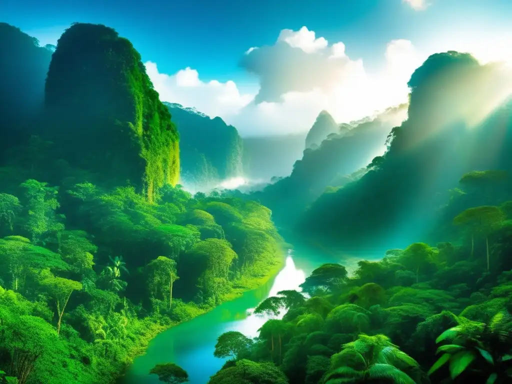 Paraíso verde: bosque tropical sostenible Inversión sostenible en mercados emergentes: Hermosa imagen de una exuberante selva tropical con río cristalino y vida silvestre