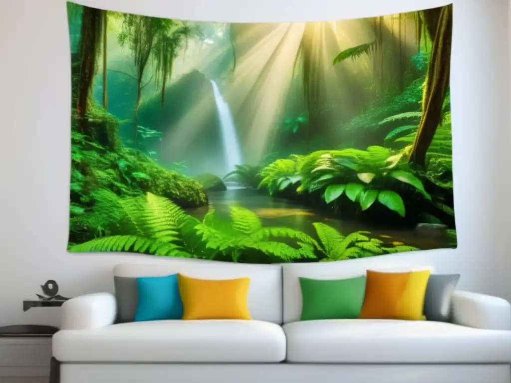 Bosque tropical místico y exuberante Inversión sostenible en mercados emergentes: Selva tropical exuberante con neblina matutina, árboles altos, diversa flora y arroyo cristalino