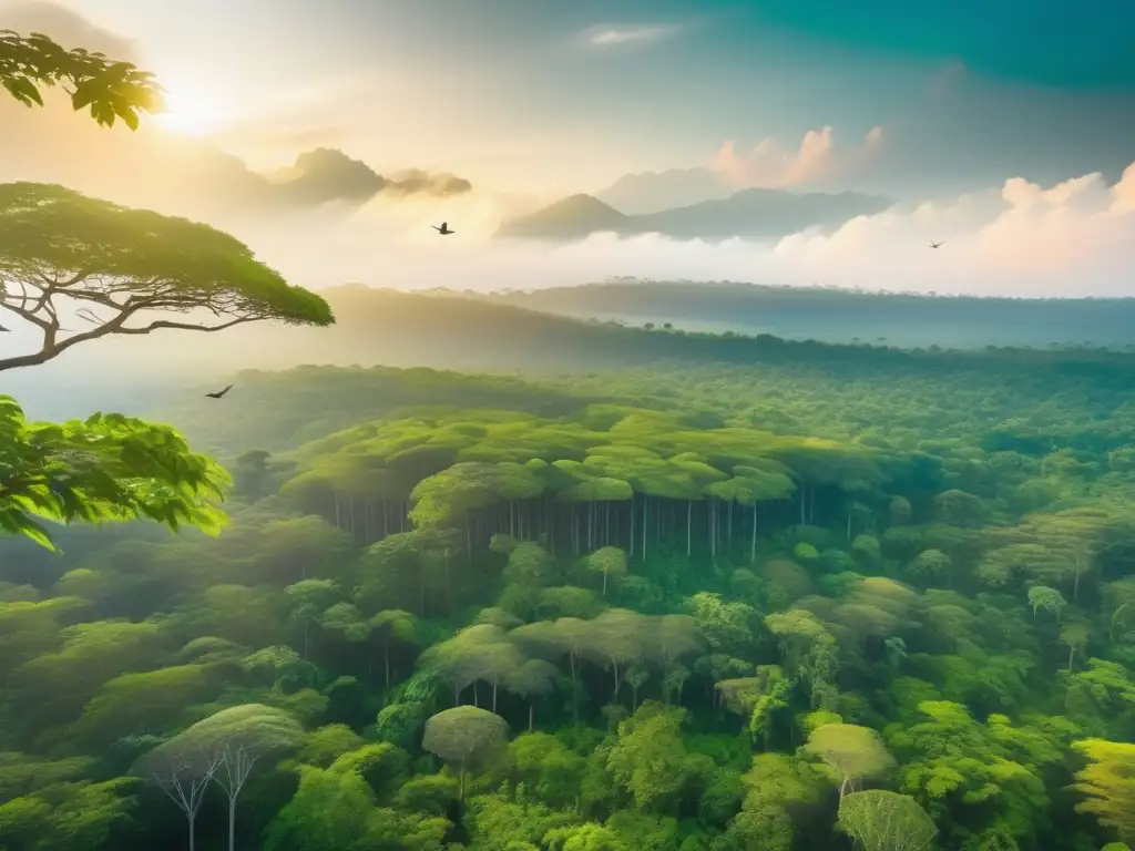 Bosque biodiverso y vibrante Inversión sostenible en mercados emergentes: Vista aérea impresionante de un bosque exuberante, biodiverso y vibrante