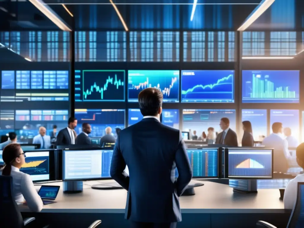 Escena de mercado de valores dinámico Inversión sostenible en plataformas financieras: escena detallada de un bullicioso mercado de valores