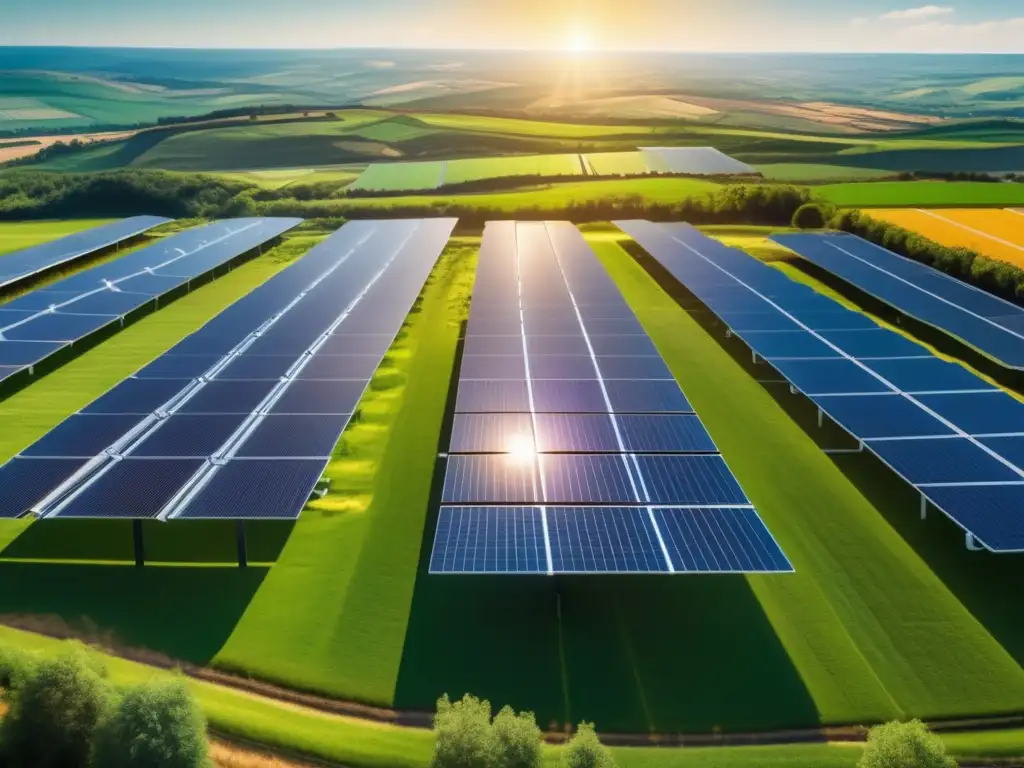 Paisaje verde con paneles solares y comunidad sostenible Inversión sostenible en plataformas financieras: panorama verde, energía solar, comunidad sostenible