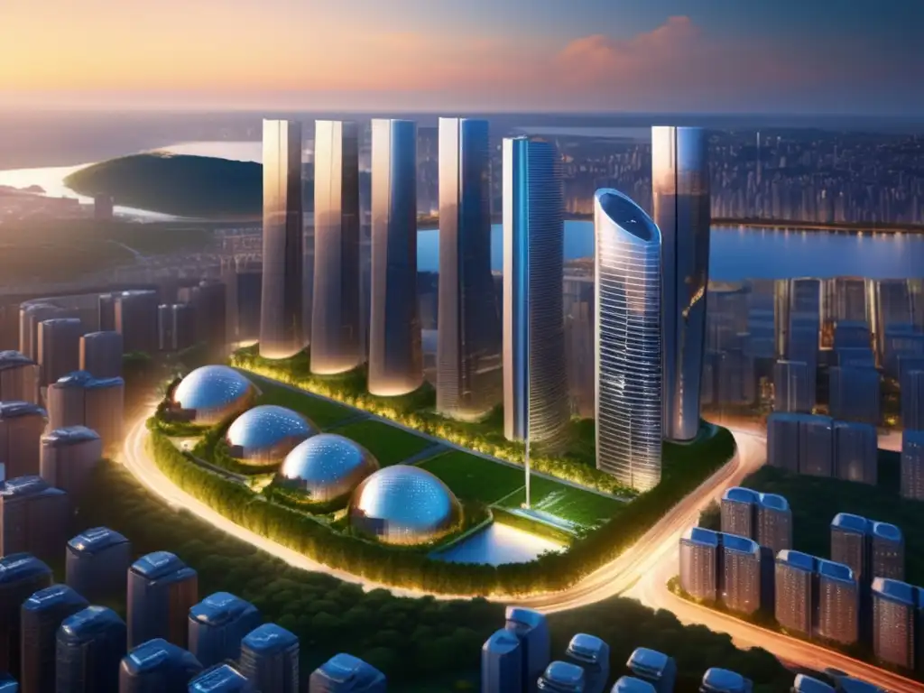 Ciudad sostenible y vibrante al atardecer Metrópolis sostenible: Rentabilidad, filantropía, inversión