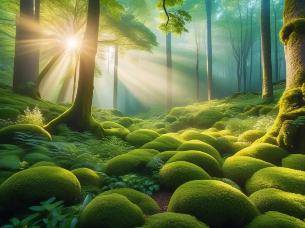 Bosque vibrante, armonía y sostenibilidad Inversión sostenible y responsable en un vibrante bosque verde, iluminado por el sol dorado