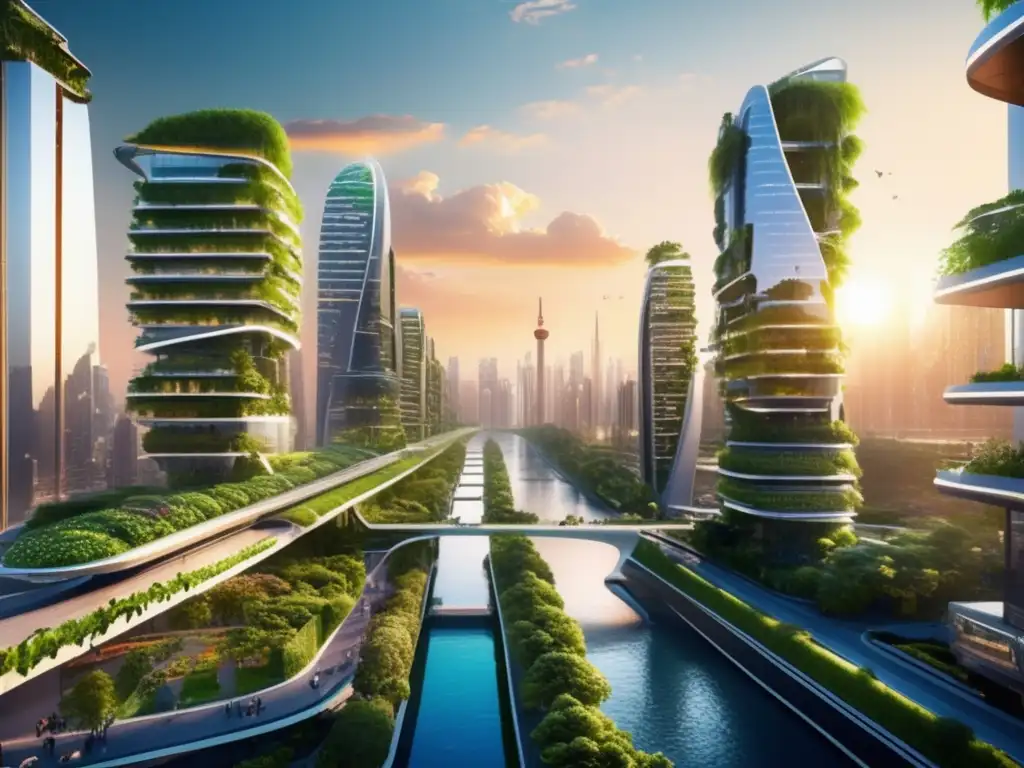 Ciudad futurista sostenible y tecnológica Inversión sostenible en trading algorítmico en una ciudad futurista de arquitectura eco-friendly, donde la naturaleza y la tecnología se fusionan