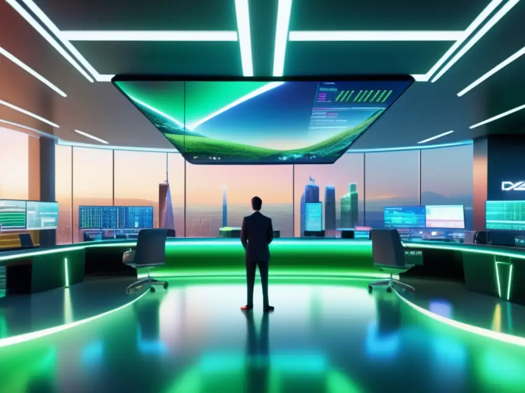 Futuro trading floor con tecnología avanzada y paisaje verde Inversión sostenible en trading algorítmico: Futuro trading floor con tecnología avanzada y vista panorámica de paisaje verde