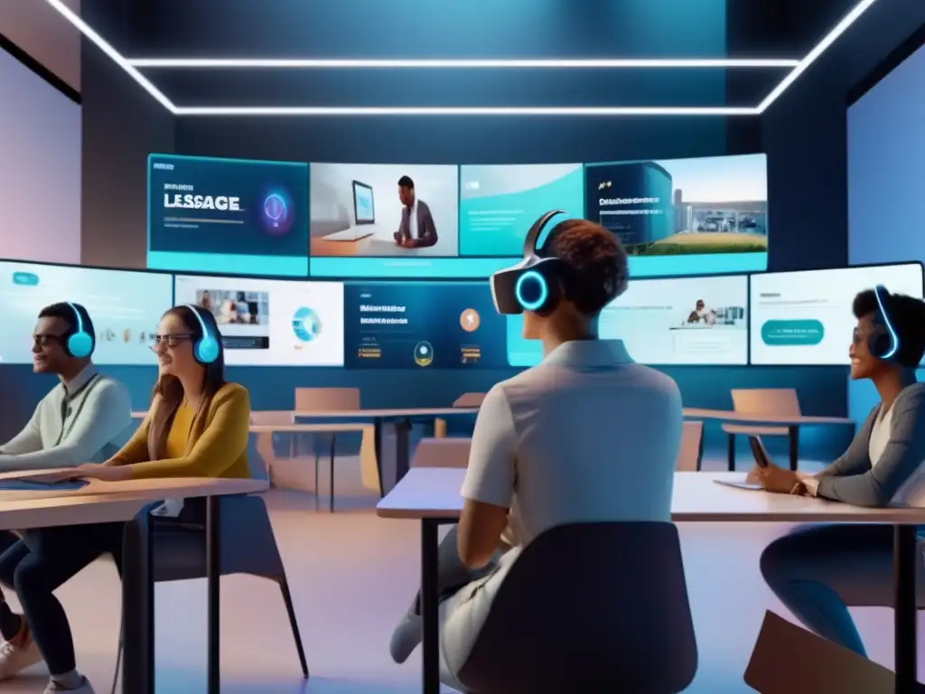 Futuro aprendizaje online en aulas virtuales Startups educativas revolucionando aprendizaje en una imagen futurista de aprendizaje en línea con estudiantes inmersos en clases interactivas