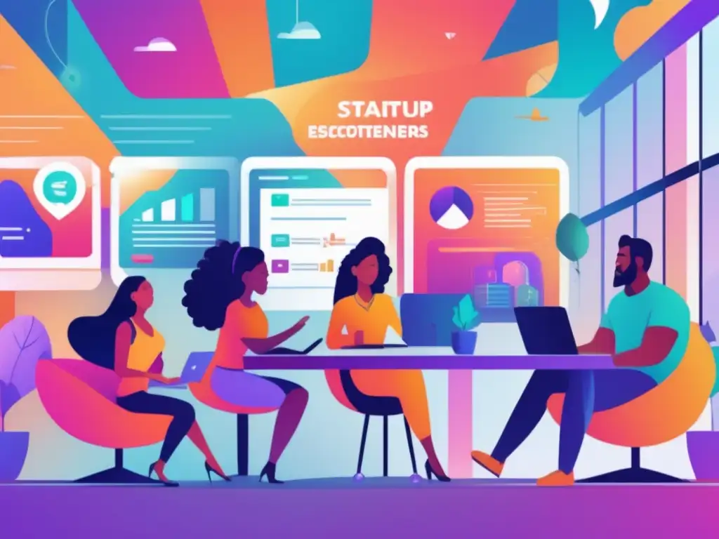 Ecosistema de startups en recesión Inversión en startups en recesión: Emprendedores diversos colaborando en innovadores proyectos en un vibrante e inclusivo ecosistema empresarial